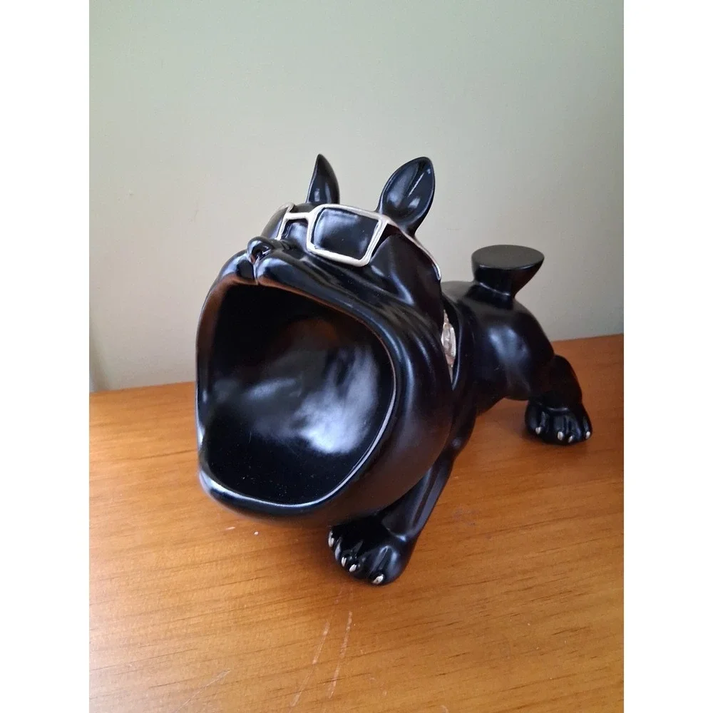 Black and Gold Resin French Bulldog Large Mouth Figurine Bowl Key Holder